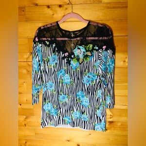 Floral Blue and Black Women's Blouse